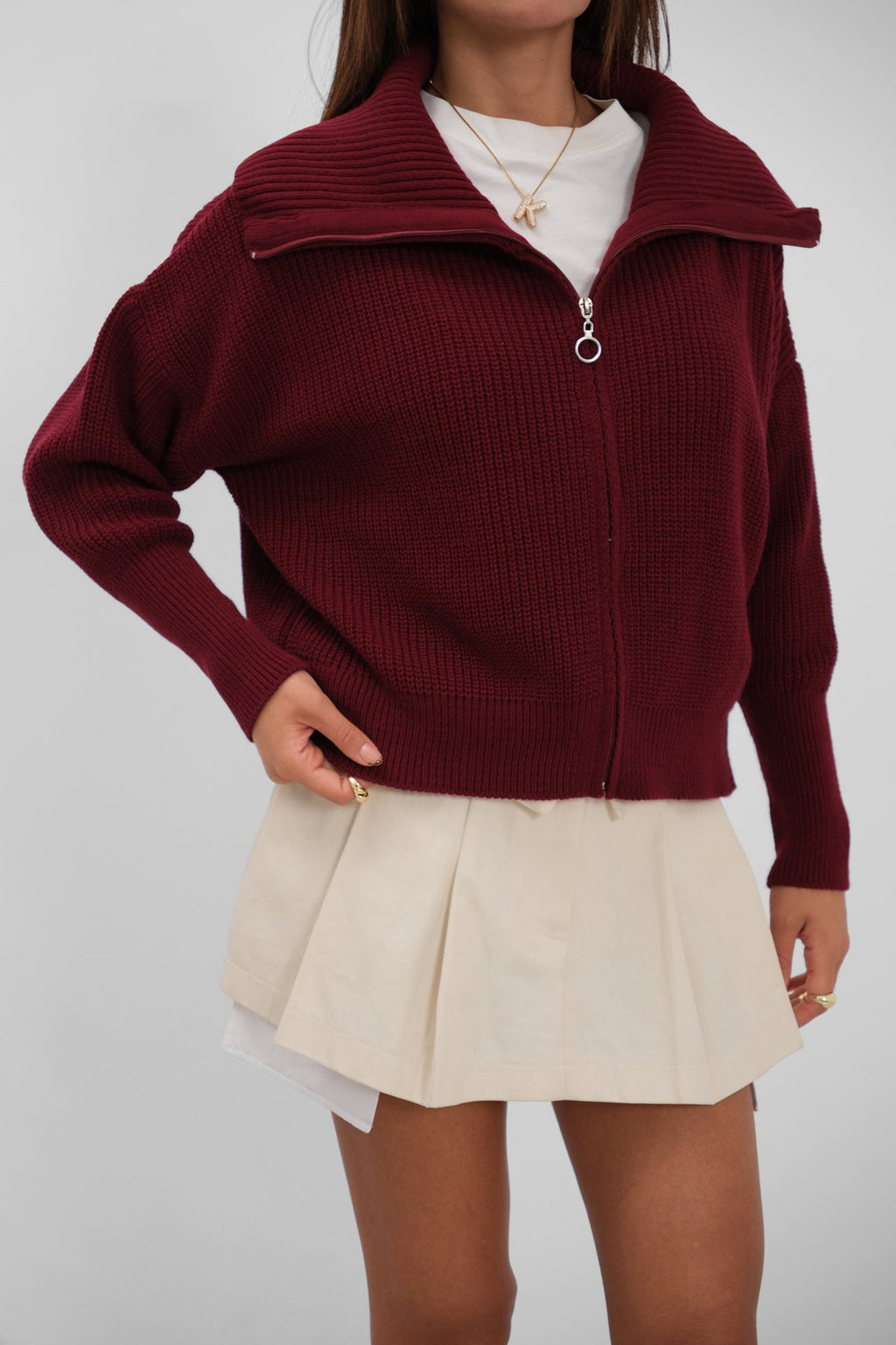 Zip-Up Polo Collar Burgundy Cardigan