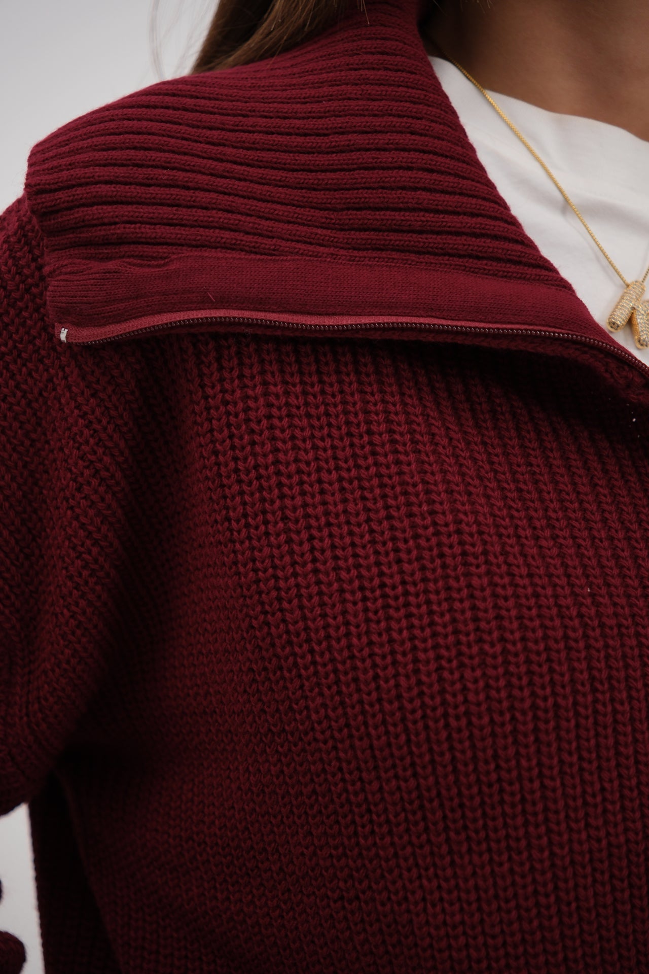 Zip-Up Polo Collar Burgundy Cardigan