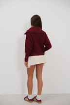Zip-Up Polo Collar Burgundy Cardigan