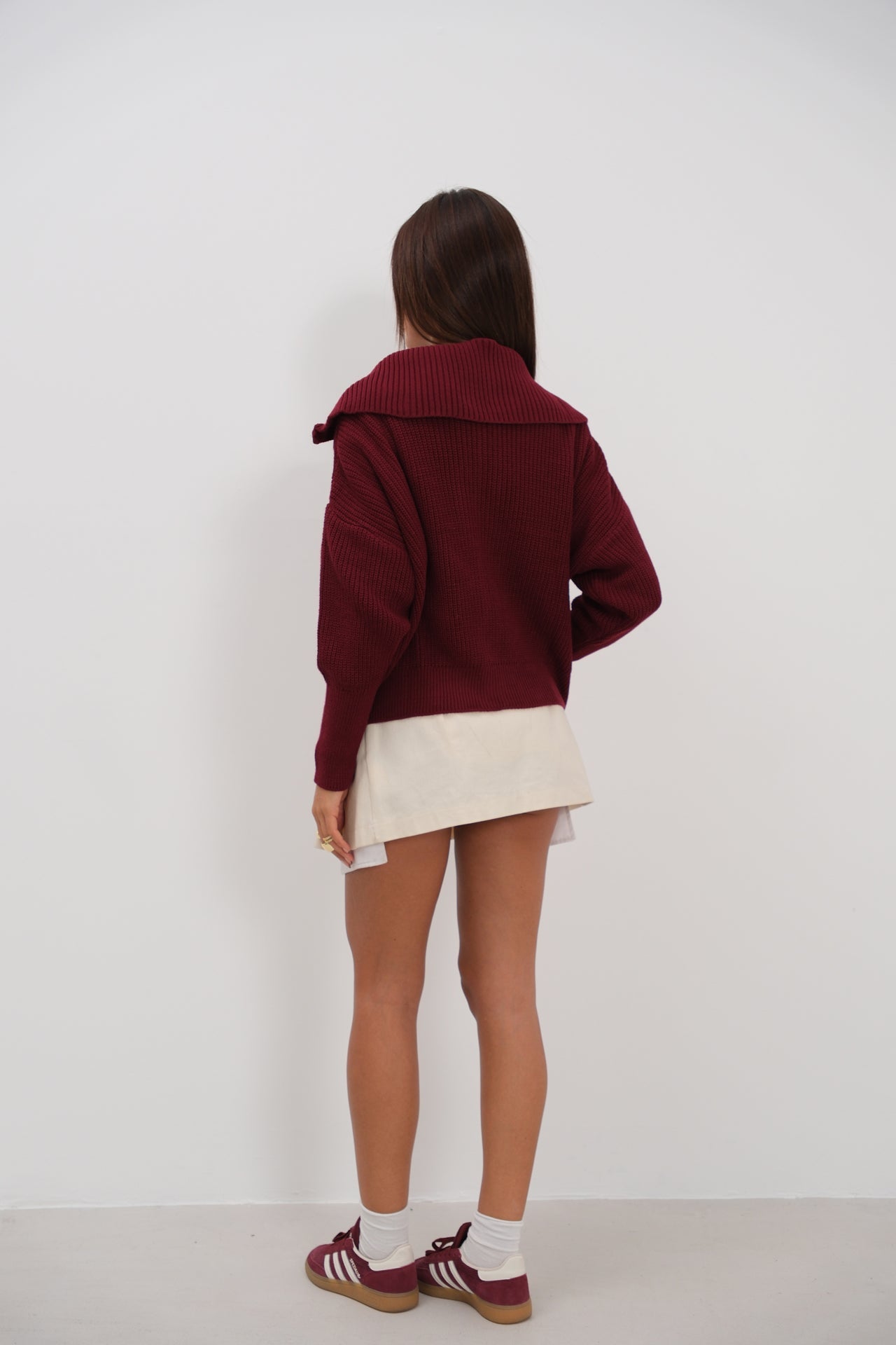 Zip-Up Polo Collar Burgundy Cardigan