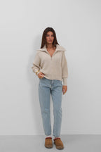 Zip-Up Polo Collar Ecru Cardigan