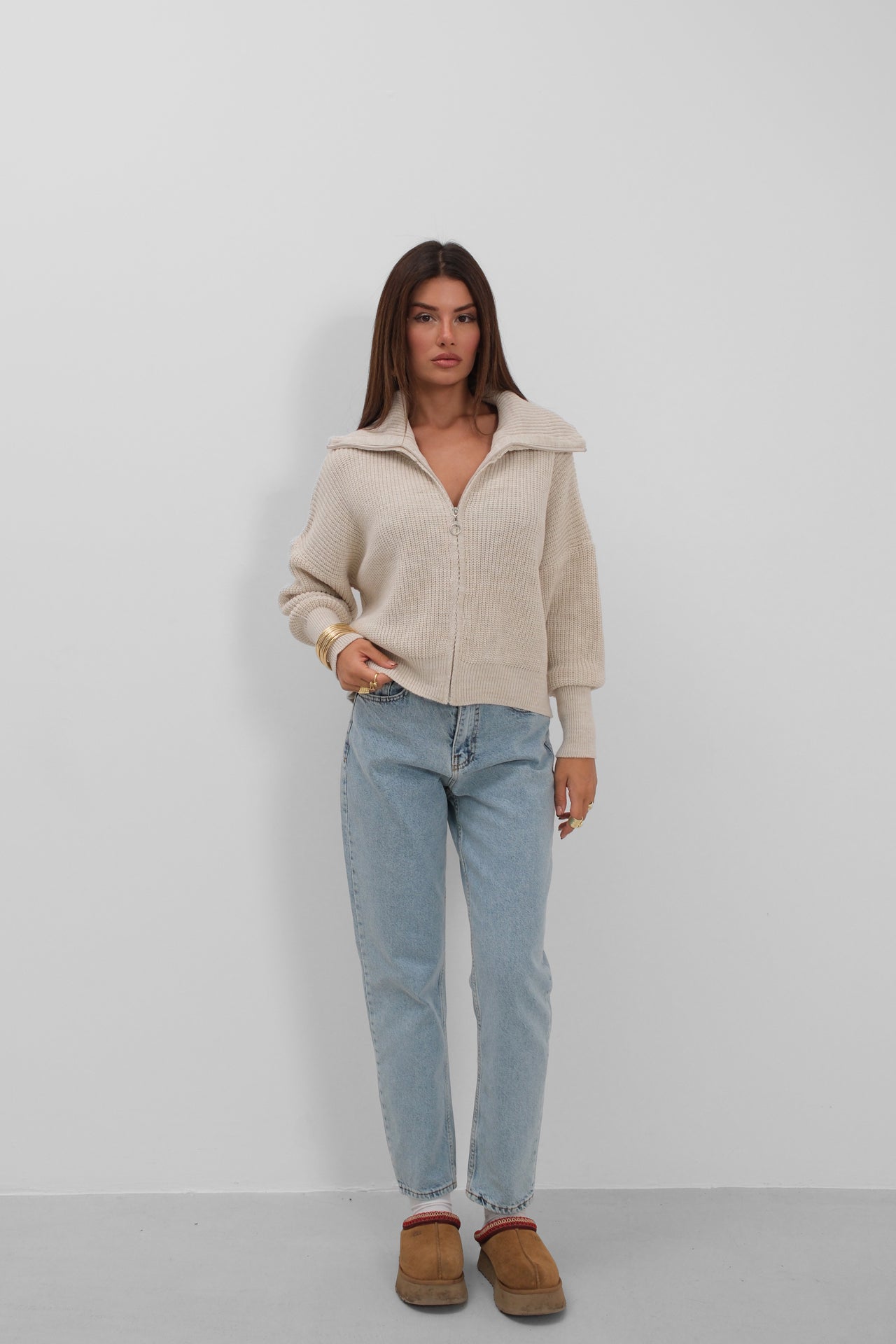 Zip-Up Polo Collar Ecru Cardigan