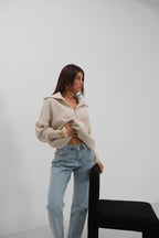 Zip-Up Polo Collar Ecru Cardigan