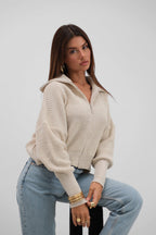 Zip-Up Polo Collar Ecru Cardigan