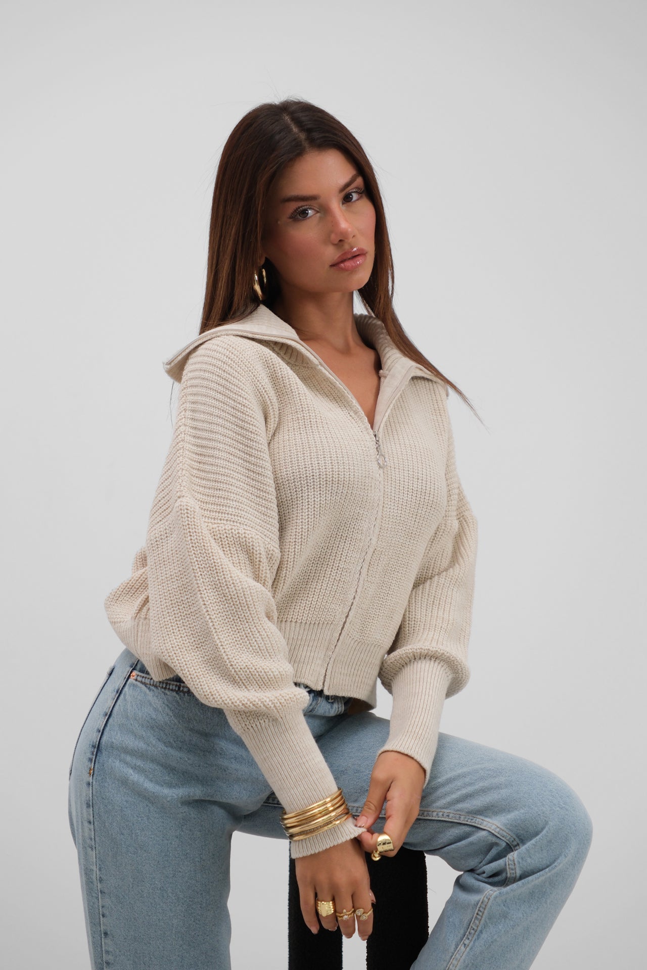 Zip-Up Polo Collar Ecru Cardigan