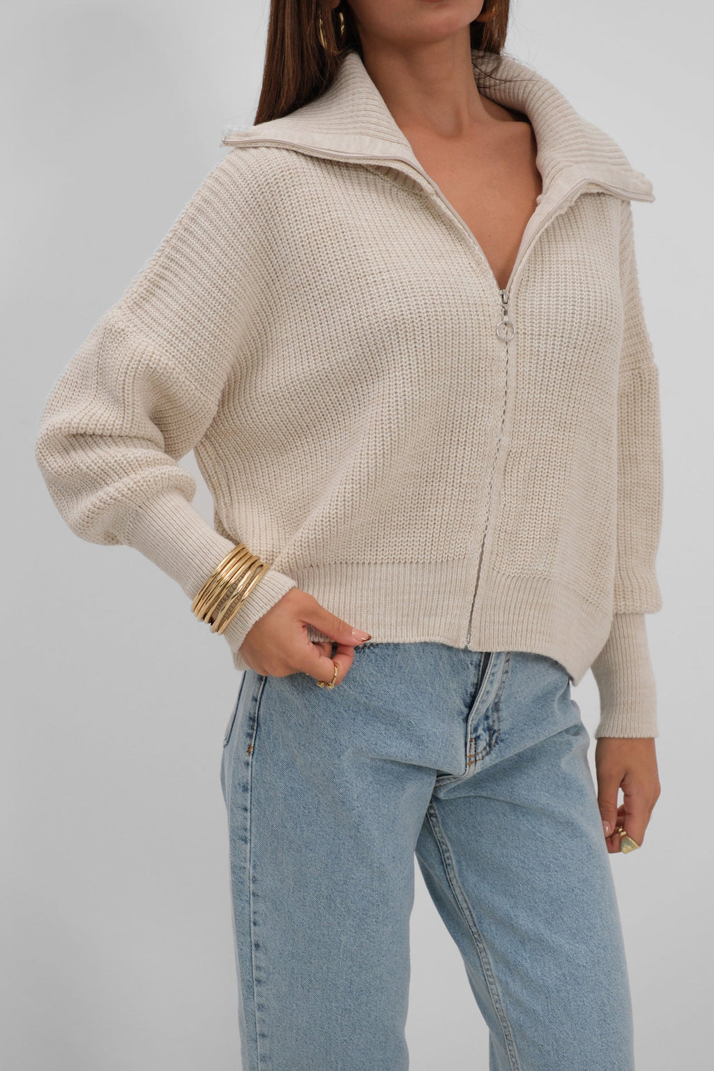 Zip-Up Polo Collar Ecru Cardigan