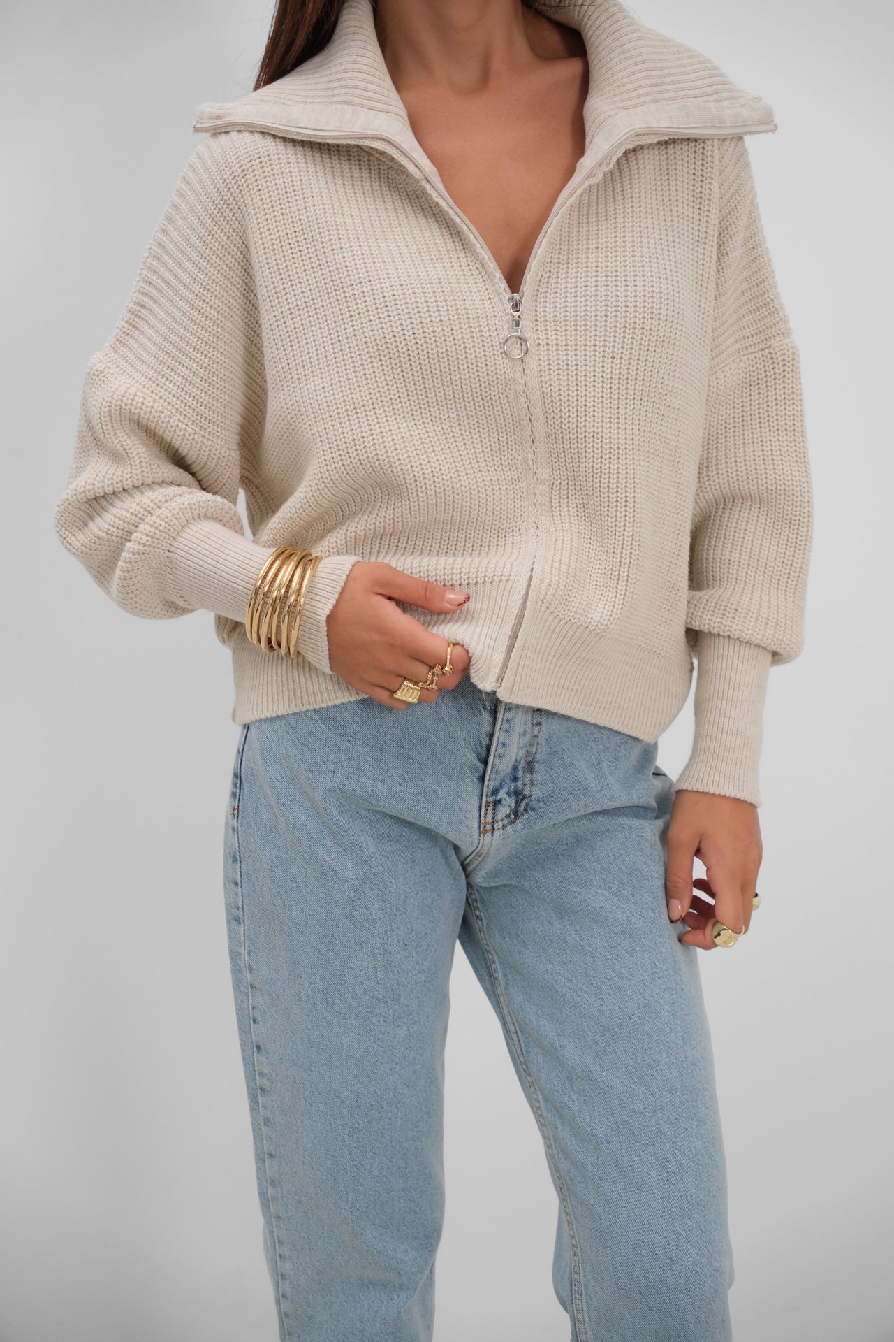 Zip-Up Polo Collar Ecru Cardigan