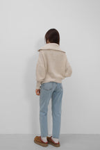 Zip-Up Polo Collar Ecru Cardigan