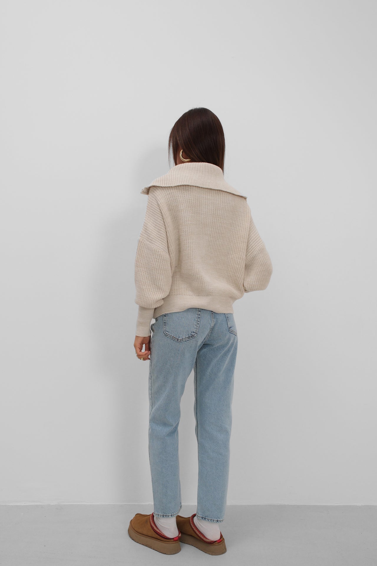 Zip-Up Polo Collar Ecru Cardigan