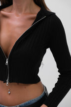 Zippered Polo Collar Black Knit Sweater