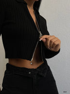 Zippered Polo Neck Black Knitted Sweater