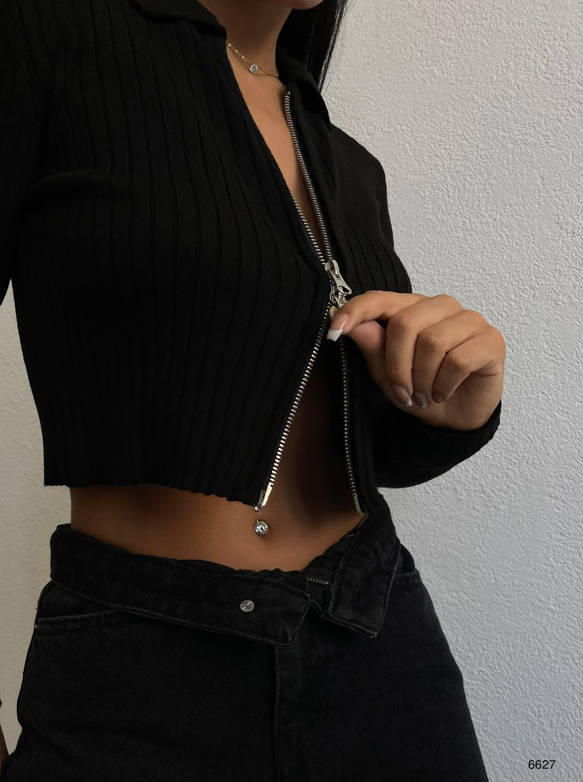 Zippered Polo Neck Black Knitted Sweater