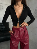 Zippered Polo Neck Black Knitted Sweater