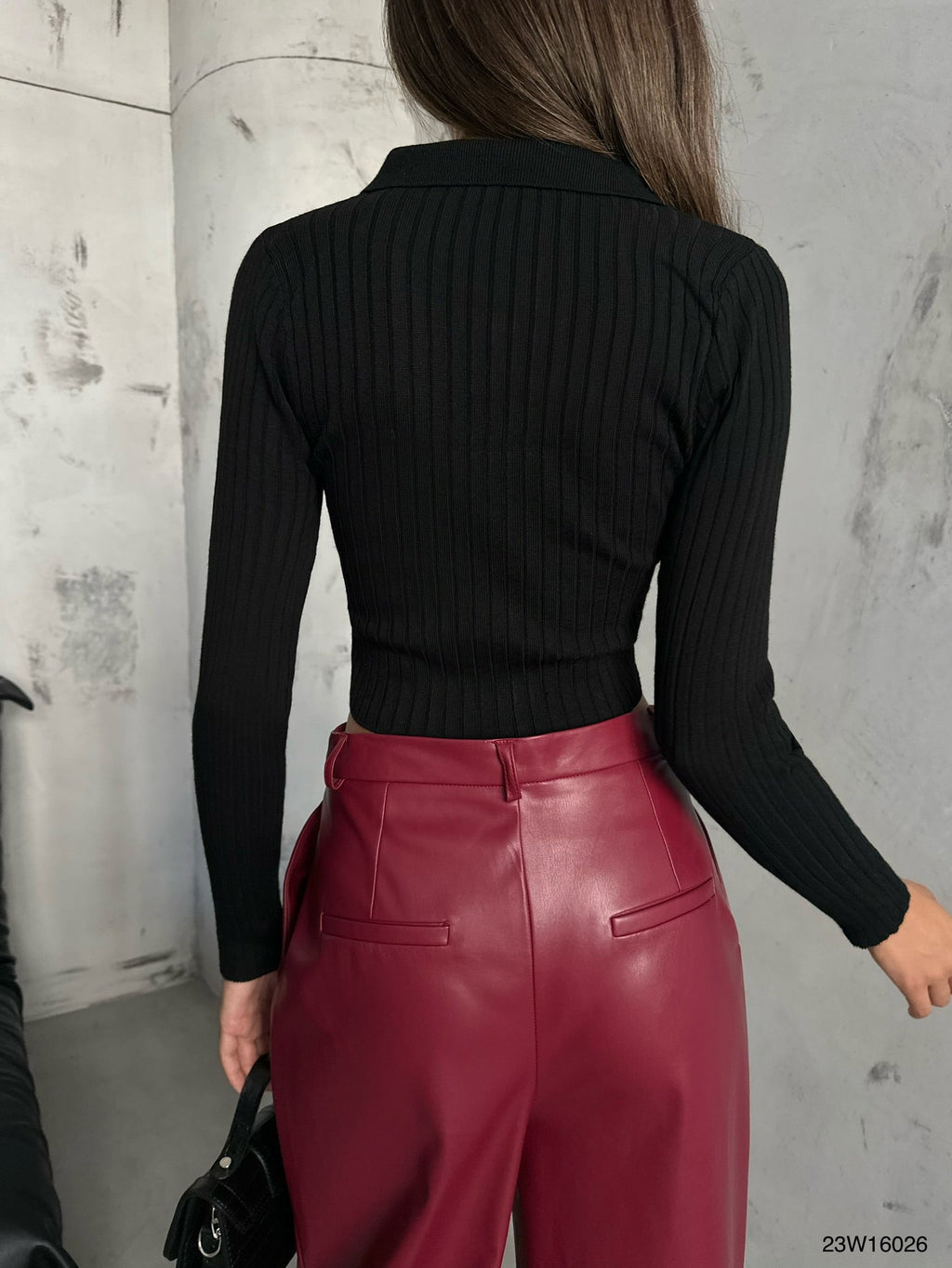 Zippered Polo Neck Black Knitted Sweater
