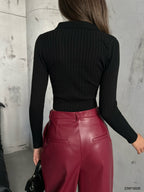 Zippered Polo Neck Black Knitted Sweater