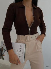 Zippered Polo Collar Brown Knitwear Sweater