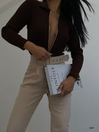 Zippered Polo Collar Brown Knit Sweater