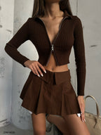 Zippered Polo Collar Brown Knit Sweater