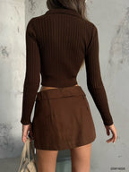 Zippered Polo Collar Brown Knit Sweater