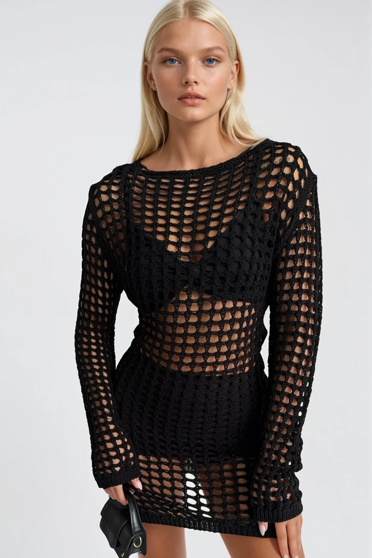 Mesh Detail Sheer Openwork Black Pareo Dress