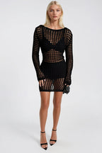 Mesh Detail Sheer Openwork Black Pareo Dress