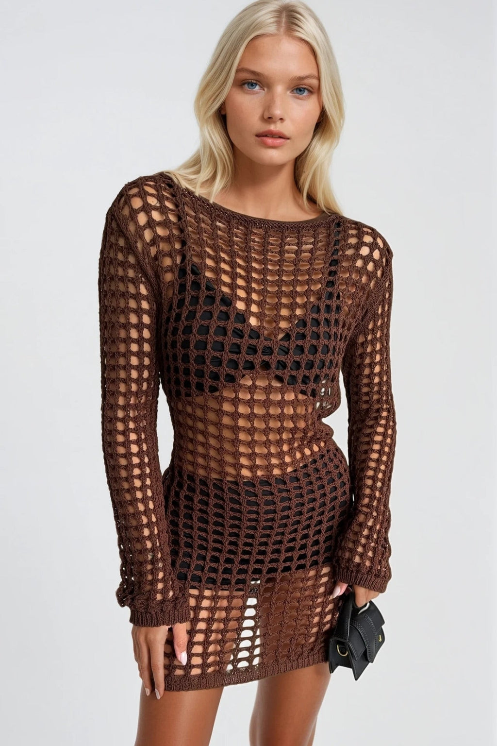 Mesh Detail Sheer Openwork Brown Pareo Dress
