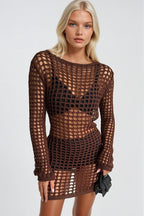 Mesh Detail Sheer Openwork Brown Pareo Dress