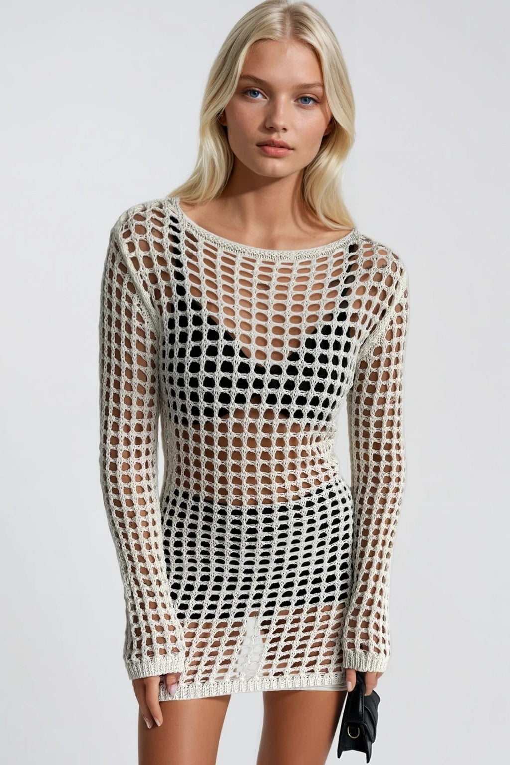Mesh Detail Sheer Openwork Ecru Pareo Dress