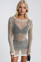Mesh Detail Sheer Openwork Ecru Pareo Dress