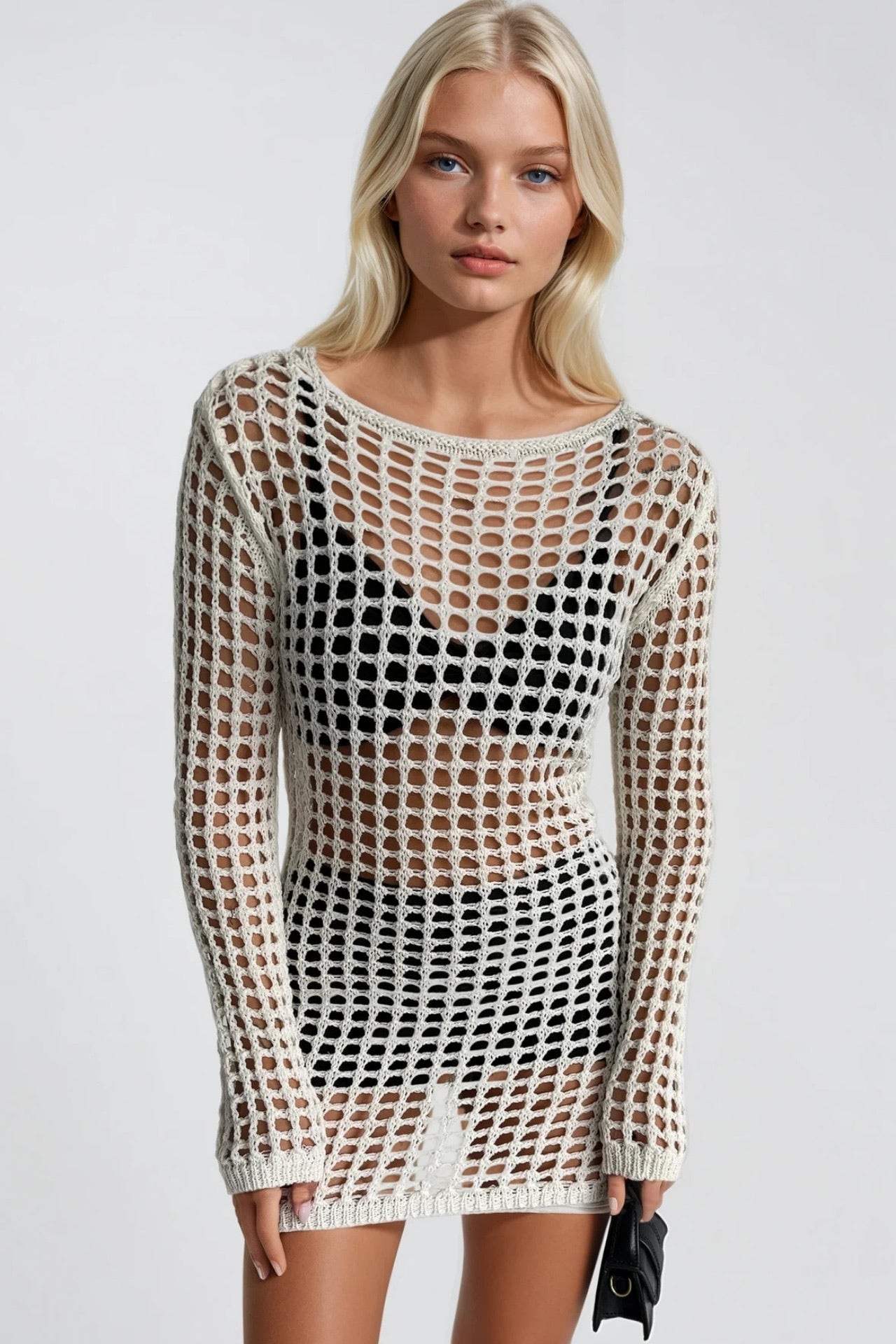 Mesh Detail Sheer Openwork Ecru Pareo Dress