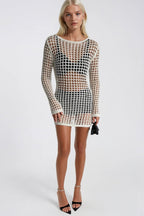 Mesh Detail Sheer Openwork Ecru Pareo Dress