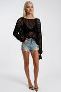 Mesh Detail Sheer Black Knit Blouse