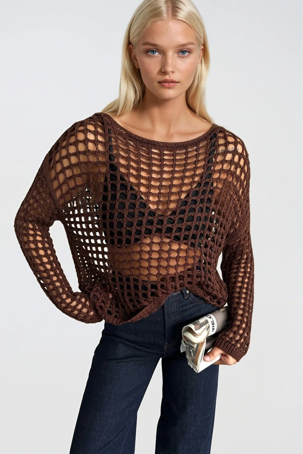 Mesh Detail Sheer Brown Knit Blouse