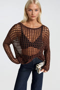 Mesh Detail Sheer Brown Knit Blouse