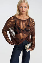 Mesh Detail Sheer Brown Knit Blouse
