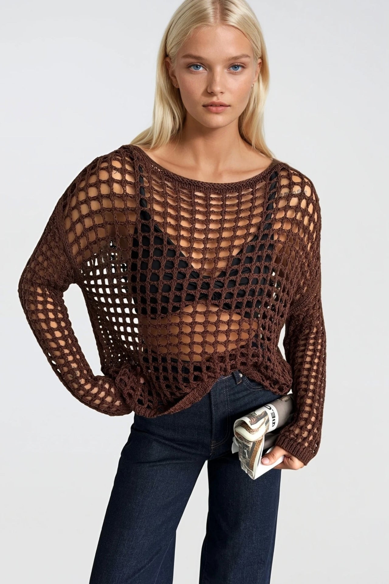 Mesh Detail Sheer Brown Knit Blouse