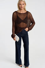 Mesh Detail Sheer Brown Knit Blouse