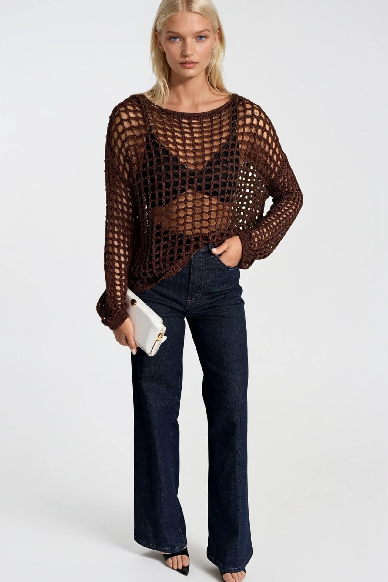 Mesh Detail Sheer Brown Knit Blouse