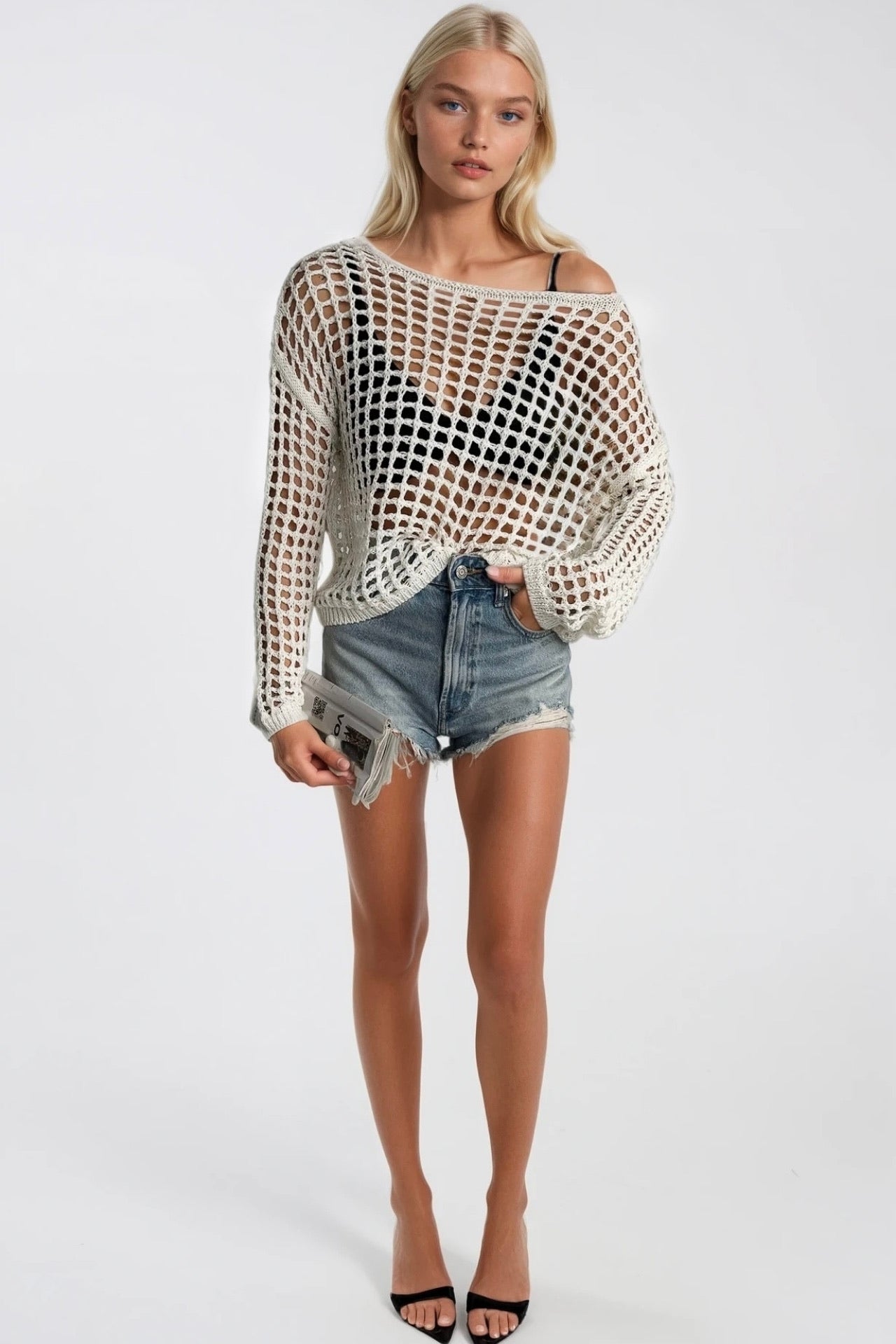 Mesh Detail Sheer Ecru Knit Blouse