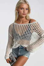 Mesh Detail Sheer Ecru Knit Blouse