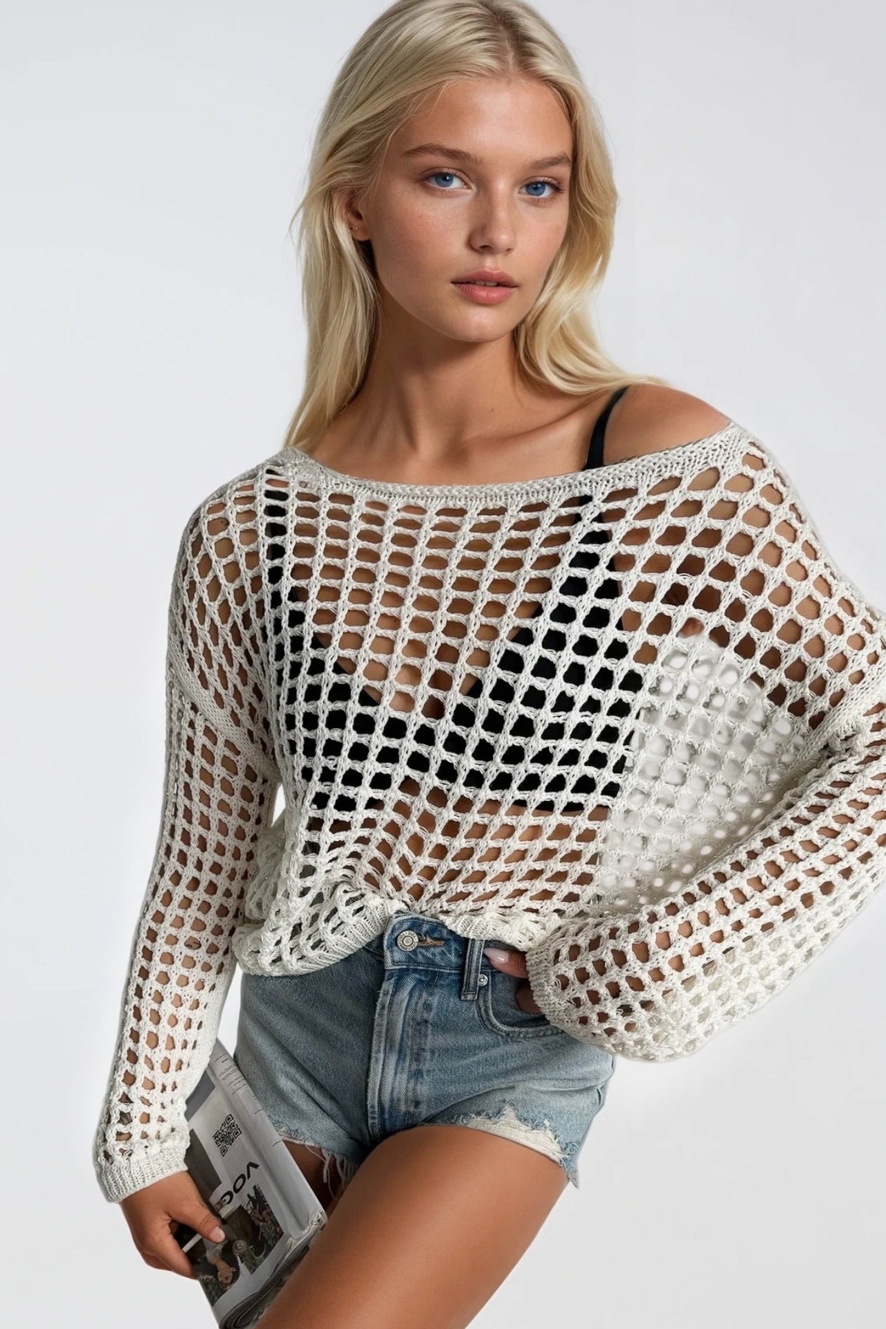 Mesh Detail Sheer Ecru Knit Blouse