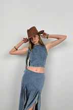 Ruffle Detail Light Blue Denim Blouse
