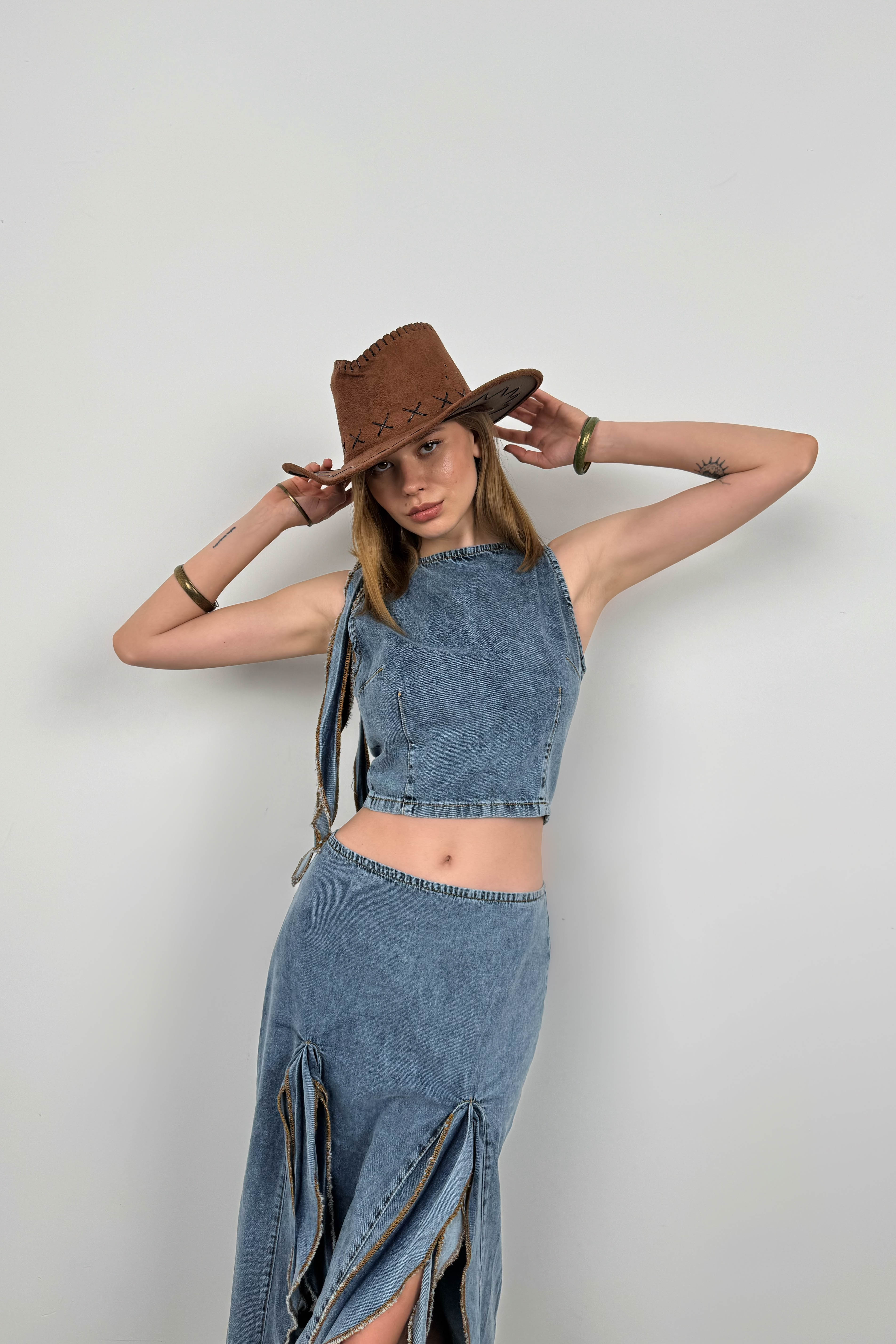 Ruffle Detail Light Blue Denim Blouse