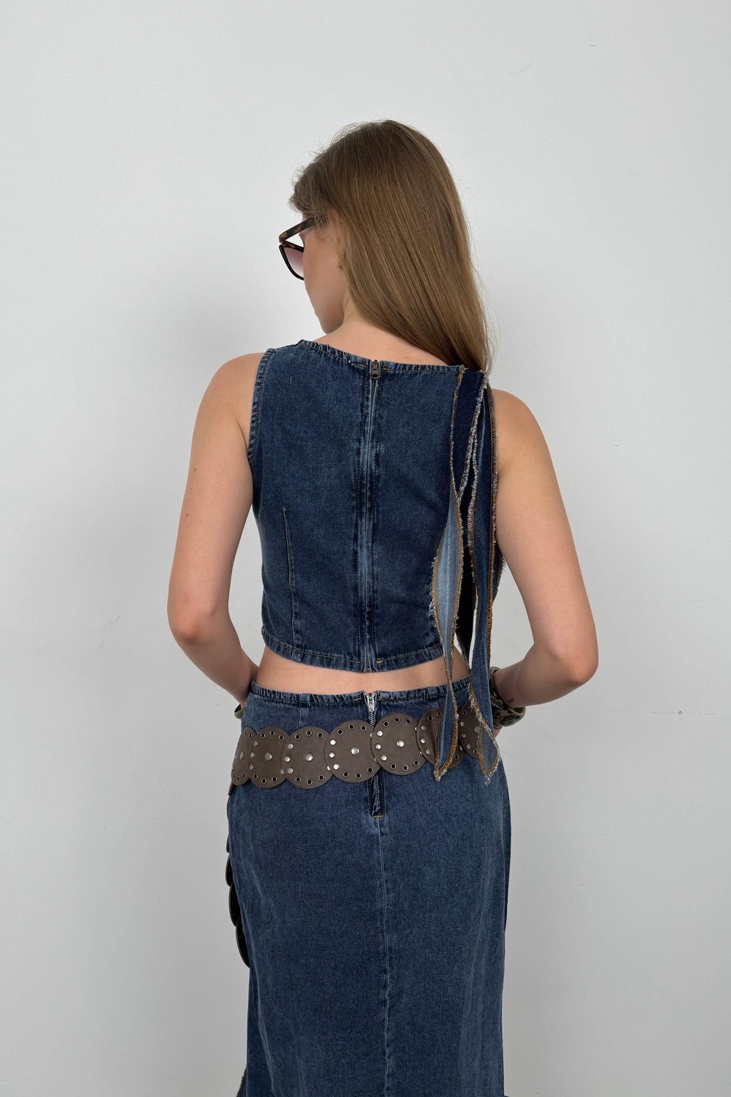 Ruffle Detail Koyu Blue Denim Blouse