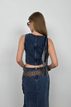 Ruffle Detail Koyu Blue Denim Blouse