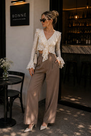 Ecru Guipure Blouse with Ruffle Detail Flounce Sleeve