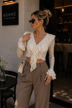 Ruffle Detail Flounce Sleeve Ecru Guipure Blouse