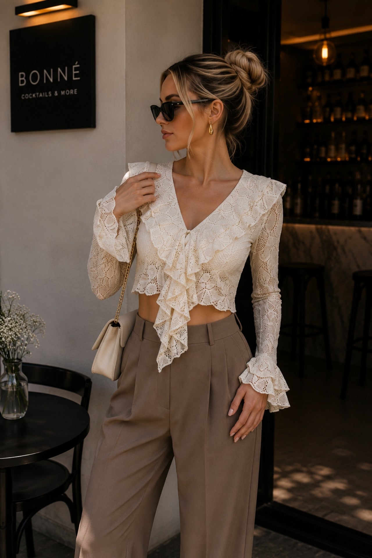 Ruffle Detail Flounce Sleeve Ecru Guipure Blouse