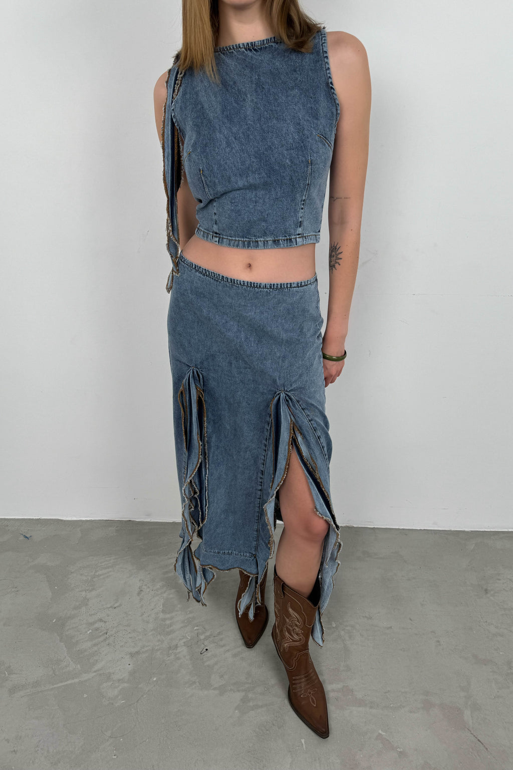 Ruffled Light Blue Denim Skirt