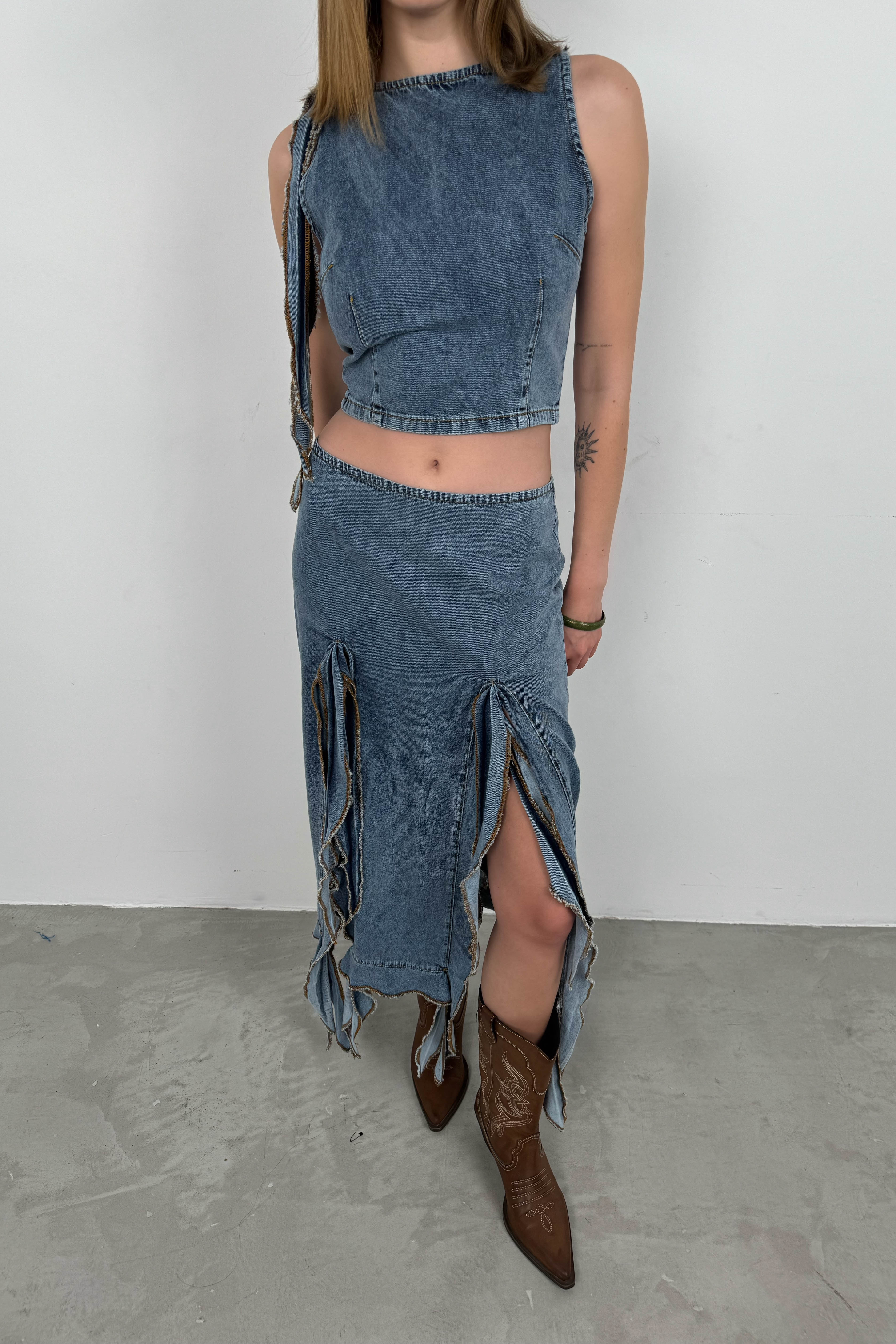 Ruffled Light Blue Denim Skirt